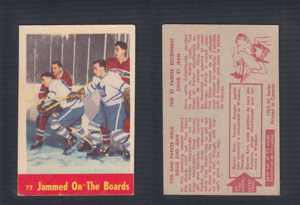 1955-56 PARKHURST HOCKEY CARD #77 JAMMED ON THE BOARDS photo