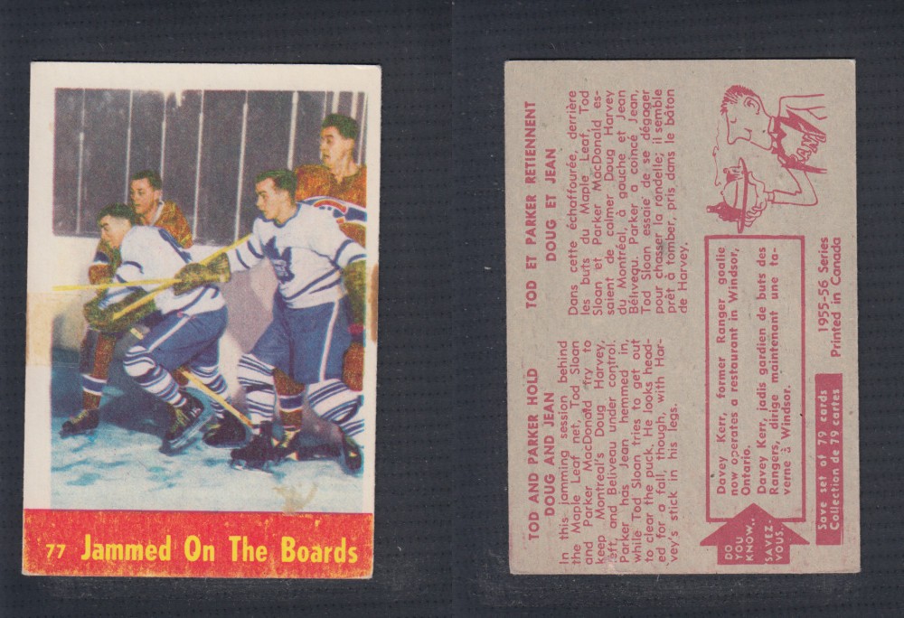 1955-56 PARKHURST HOCKEY CARD #77 JAMMED ON THE BOARDS photo