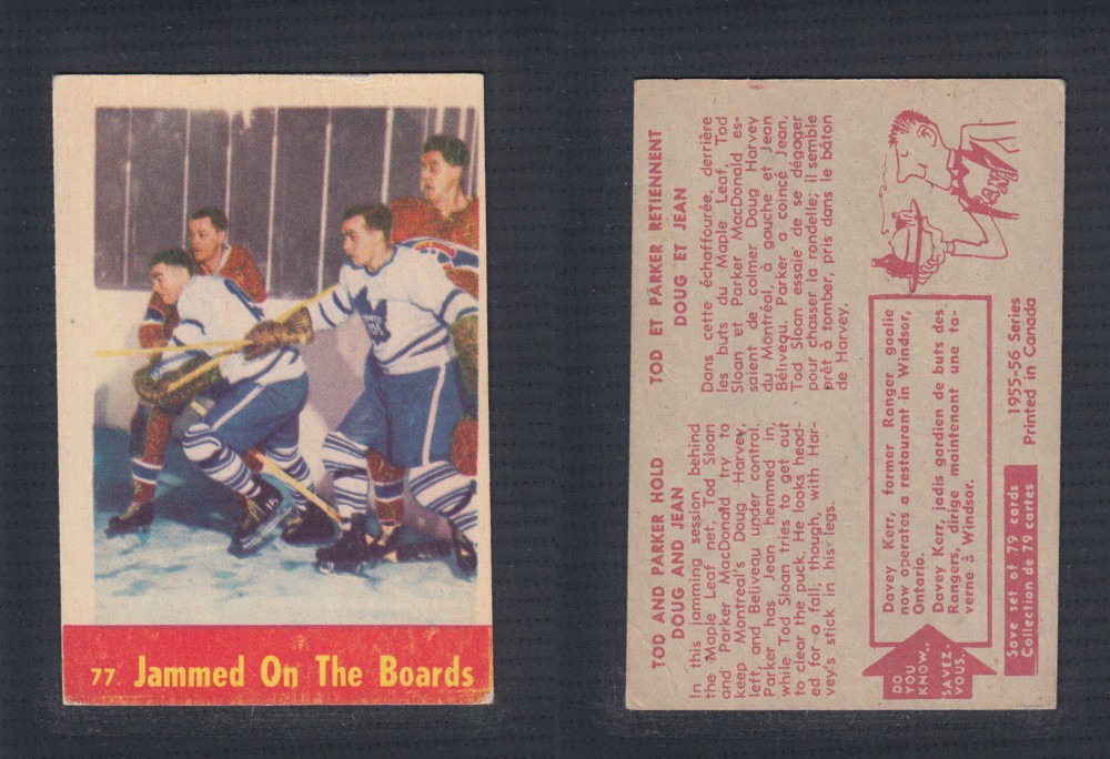 1955-56 PARKHURST HOCKEY CARD #77 JAMMED ON THE BOARDS photo