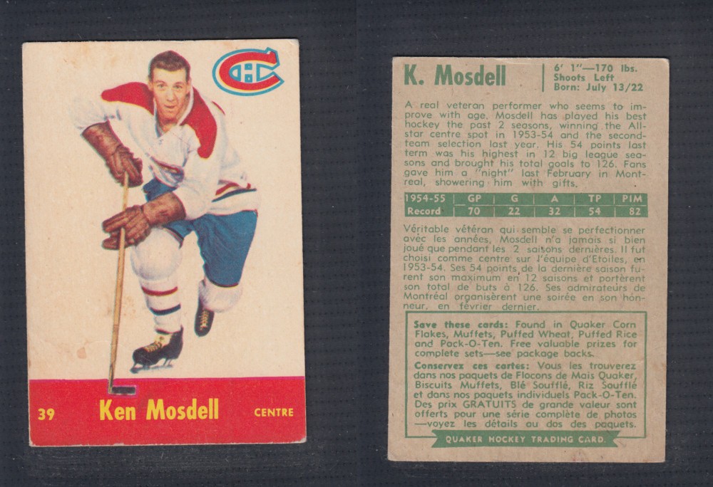 1955-56 QUAKER OATS HOCKEY CARD #39 K. MOSDELL photo