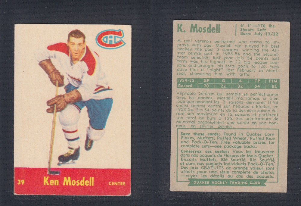 1955-56 QUAKER OATS HOCKEY CARD #39 K. MOSDELL photo