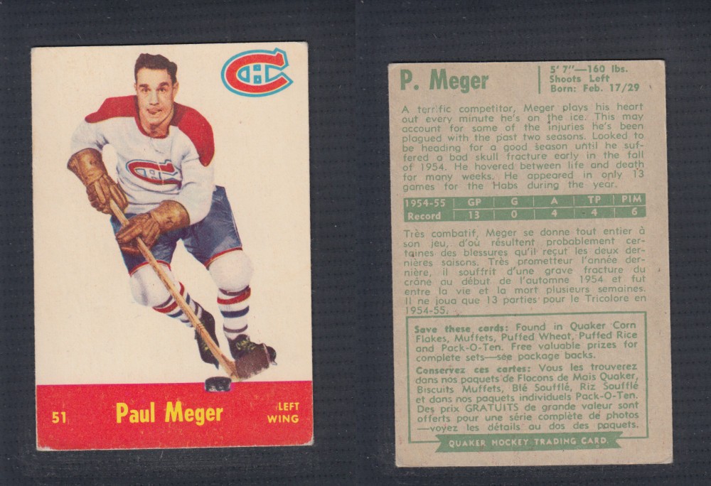 1955-56 QUAKER OATS HOCKEY CARD #51 P. MEGER photo