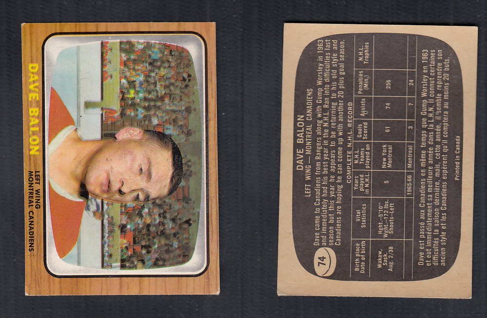 1966-67 TOPPS HOCKEY CARD #74 D. BALON photo