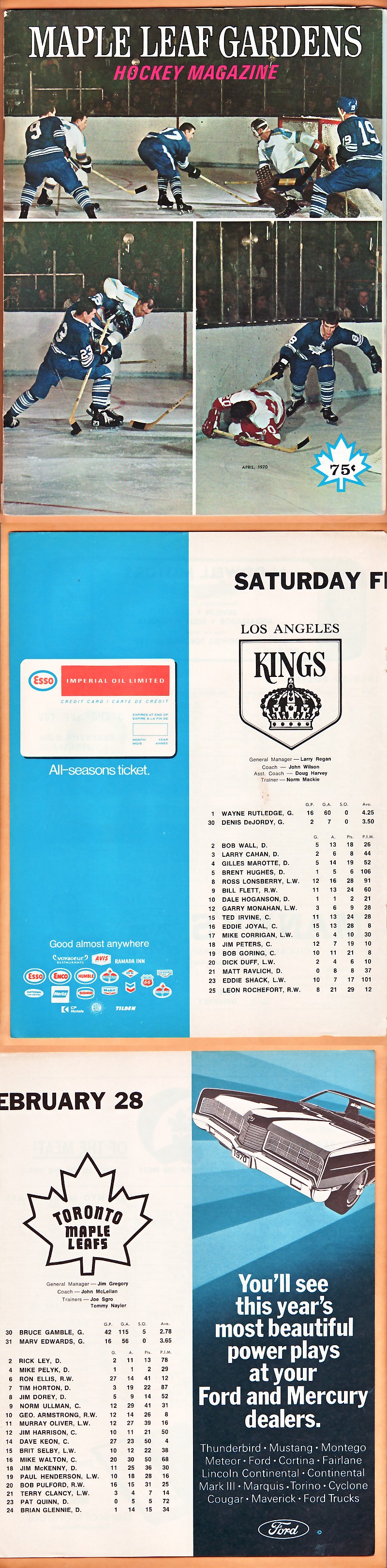 1970 TORONTO MAPLE LEAFS VS LOS ANGELES KINGS PROGRAM photo