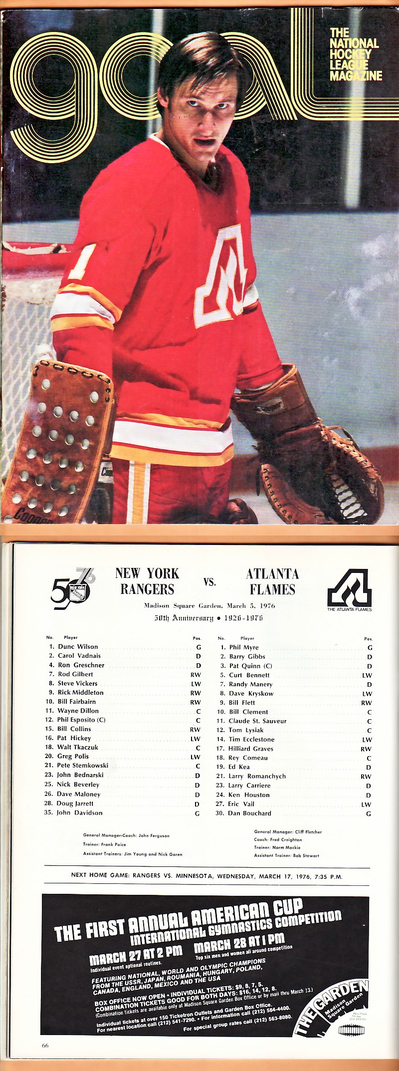 1976 ATLANTA FLAMES VS NEW YORK RANGERS PROGRAM photo