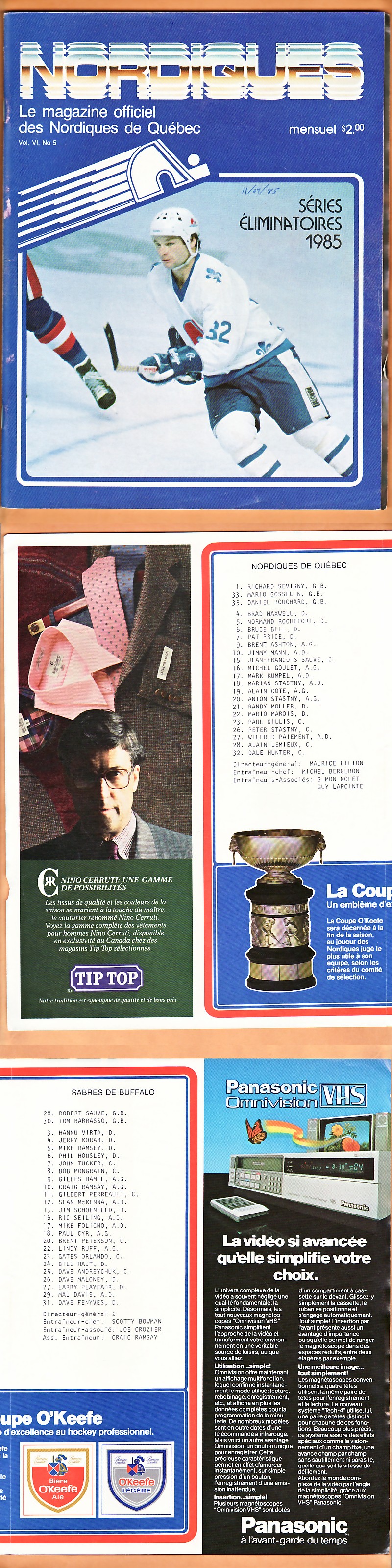 1985 QUEBEC NORDIQUES VS BUFFALO SABRES PROGRAM photo