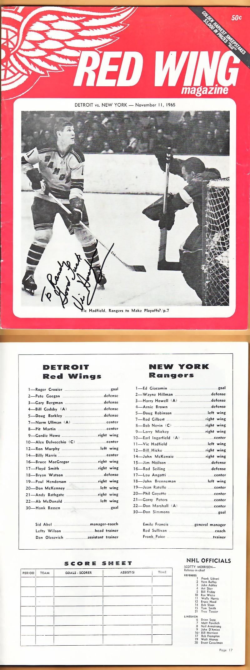 1965 DETROIT RED WINGS VS NEW YORK RANGERS PROGRAM photo
