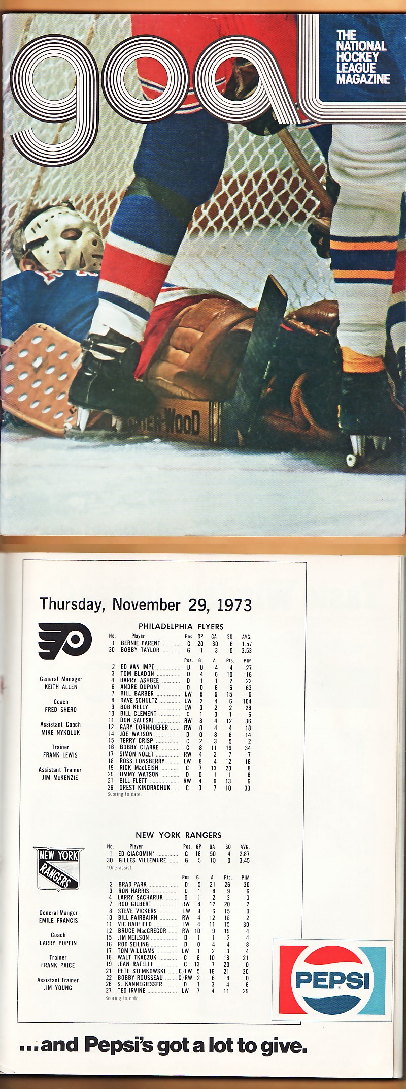 1973 PHILADELPHIA FLYERS VS NEW YORK RANGERS PROGRAM photo