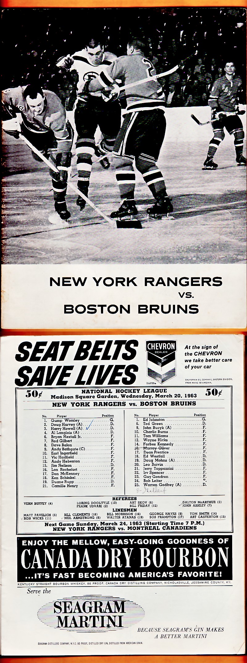 1963 NEW YORK RANGERS VS BOSTON BRUINS PROGRAM photo