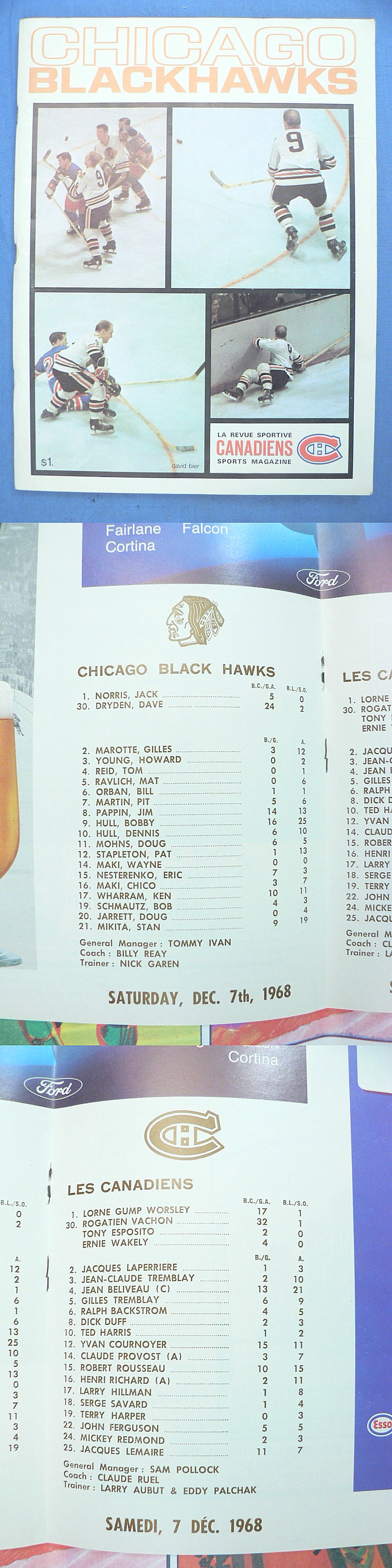 1968-69 CHICAGO BLACKHAWKS VS MONTREAL CANADIENS PROGRAM photo