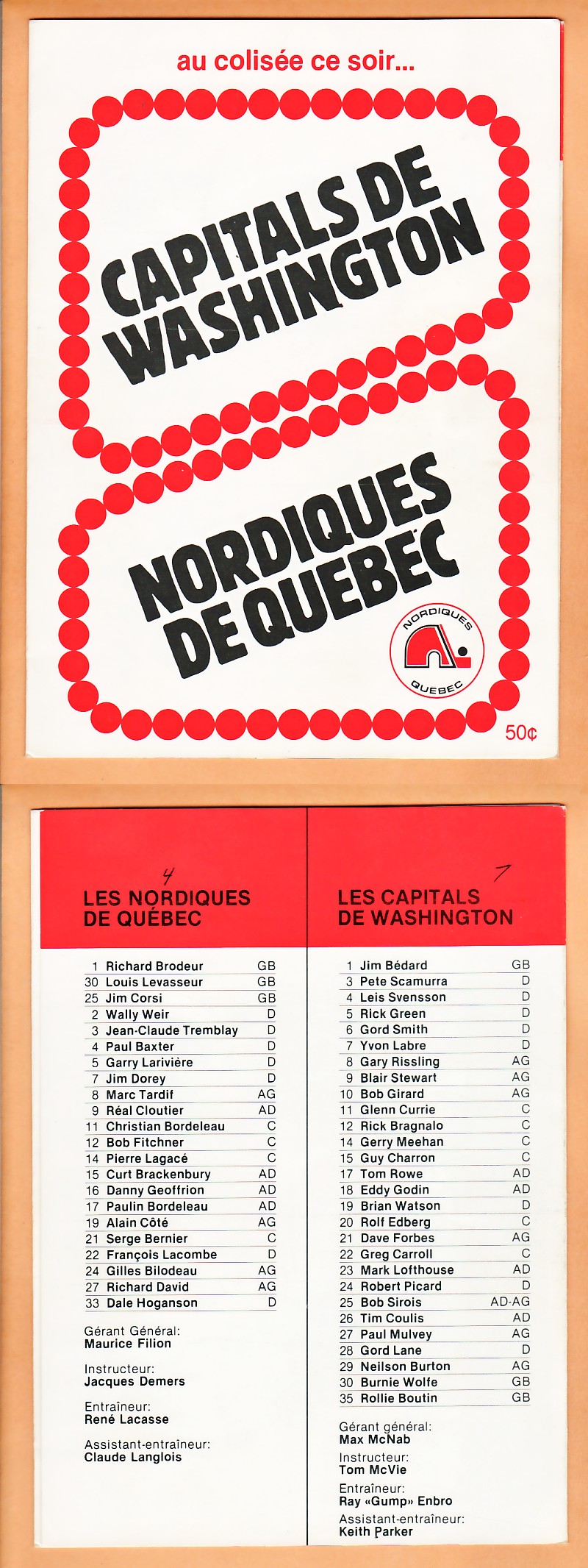 1970'S QUEBEC NORDIQUES VS WASHINGTON CAPITALS PROGRAM photo