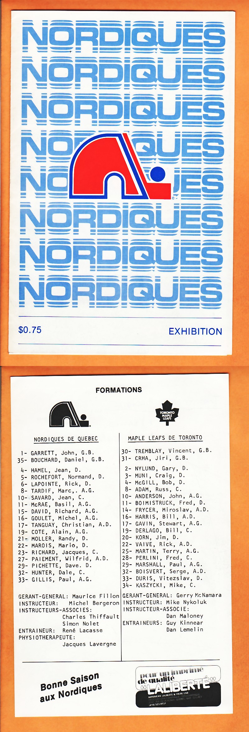 1982-83 QUEBEC NORDIQUES VS TORONTO MAPLE LEAFS PROGRAM photo
