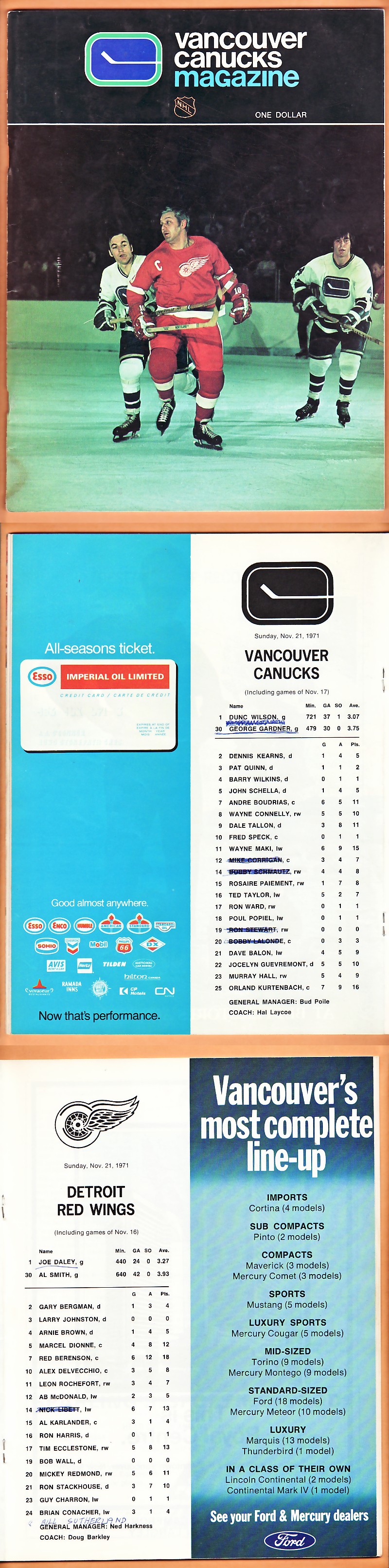 1971 DETROIT RED WINGS VS VANCOUVER CANUCKS PROGRAM photo