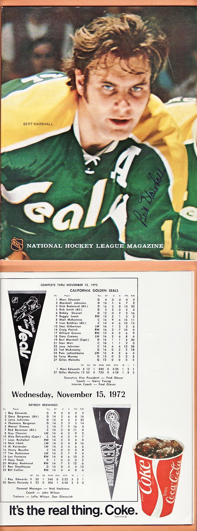 1972 CALIFORNIA GOLDEN SEALS VS DETROIT RED WINGS PROGRAM photo