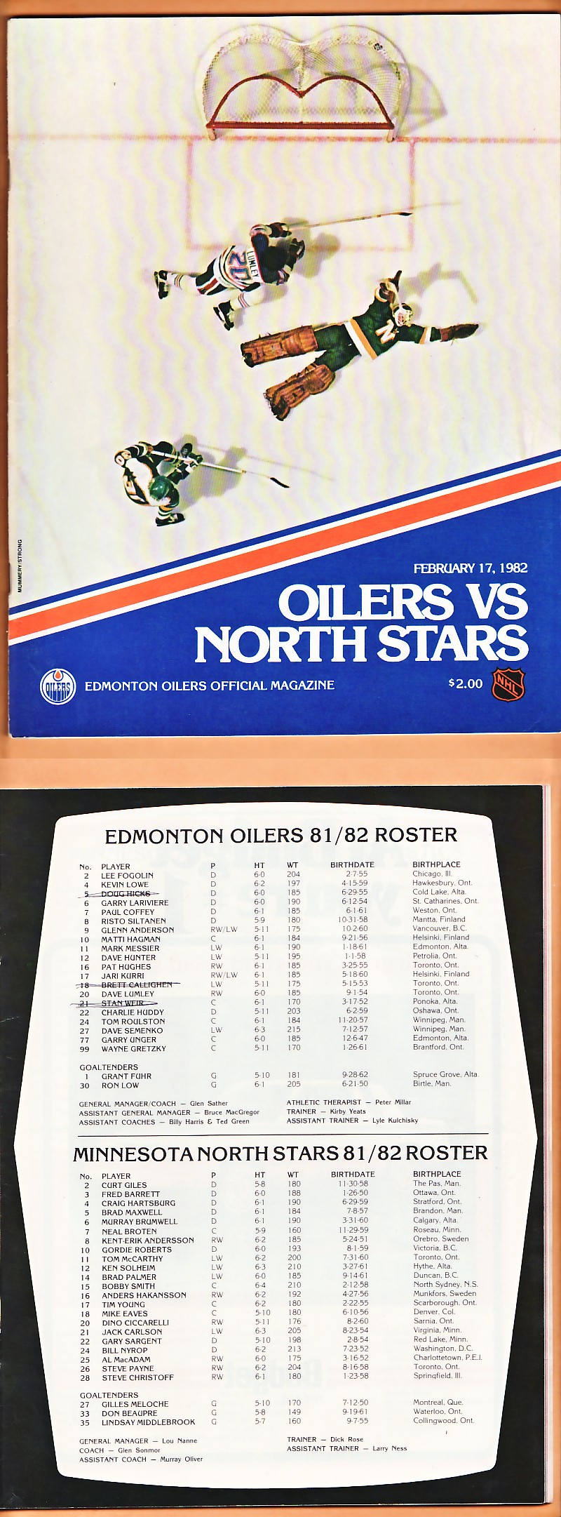 1982 EDMONTON OILERS VS MINNESOTA NORTH STARS PROGRAM photo