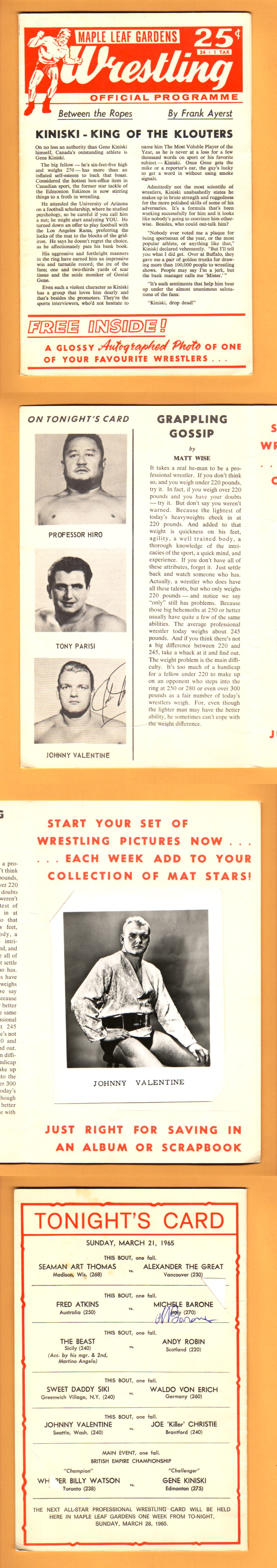 1965 MAPLE LEAFS GARDEN WRESTLING PROGRAM photo